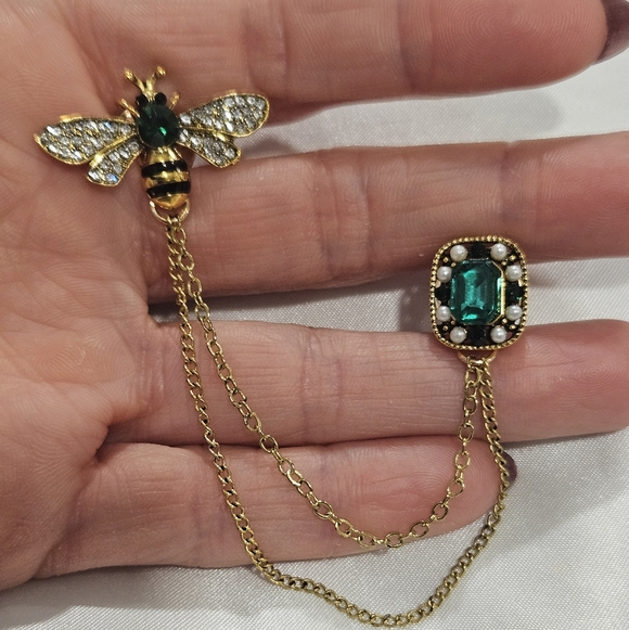 NEW Gold & Green Bee Chain Brooch - Picture 7 of 8